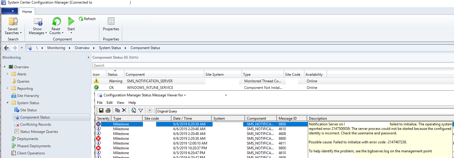 System Center Configuration Manager failure message