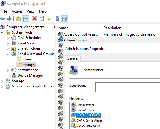 Screenshot of local Administrators group.