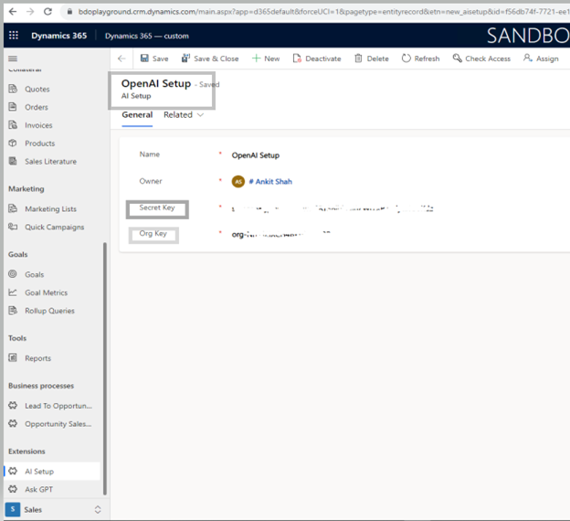 Example of Dynamics 365 AI Setup page