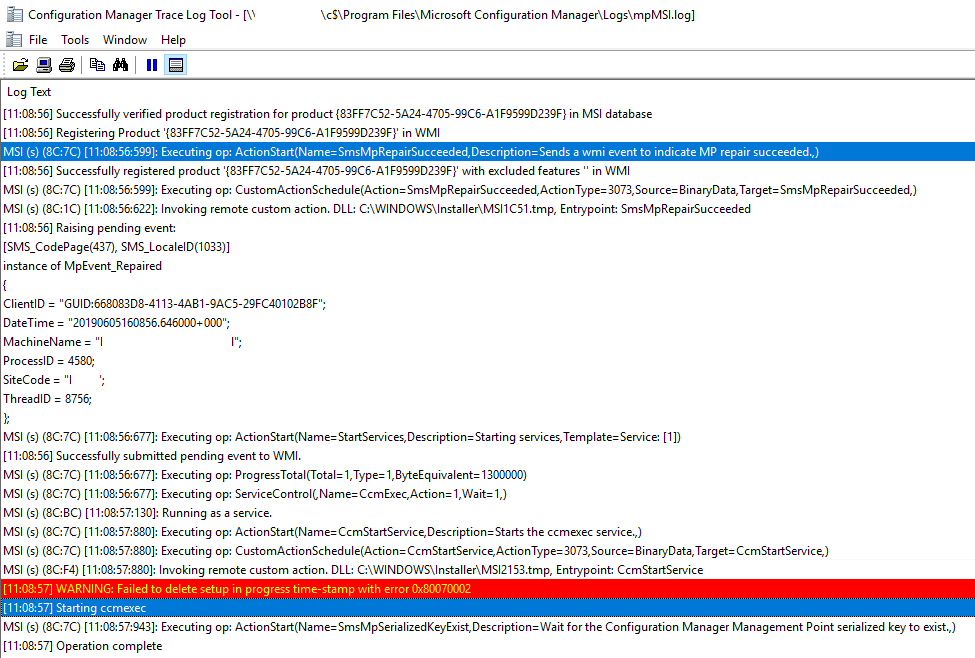 Screenshot of Configuration Manager Trace Log tool