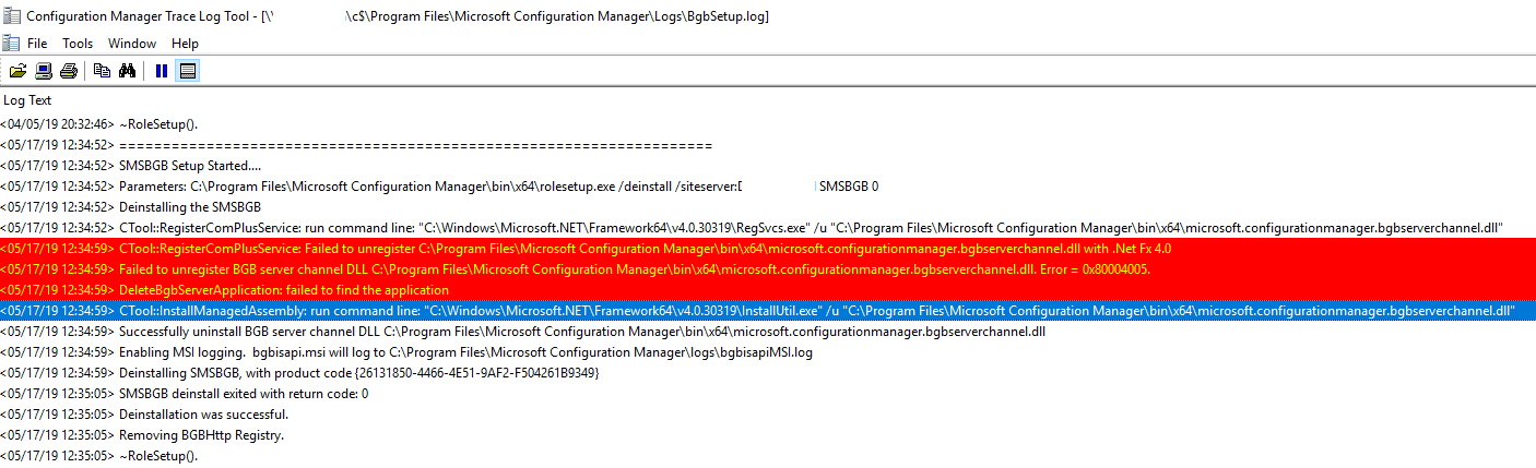 Configuration Manager Trace Log Tool return code 0