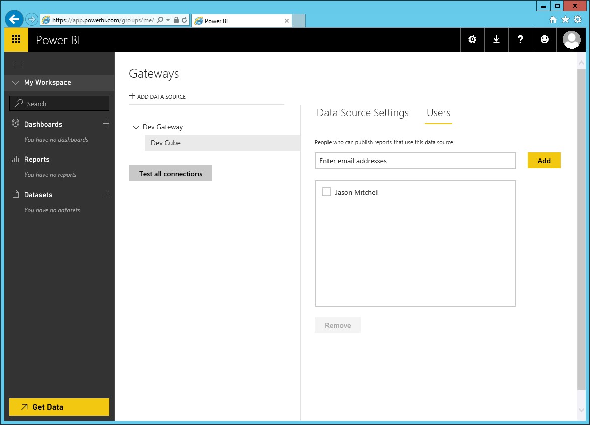 Power BI test user connection