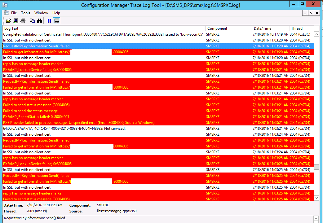 Screenshot of smspxe.log send failure message.