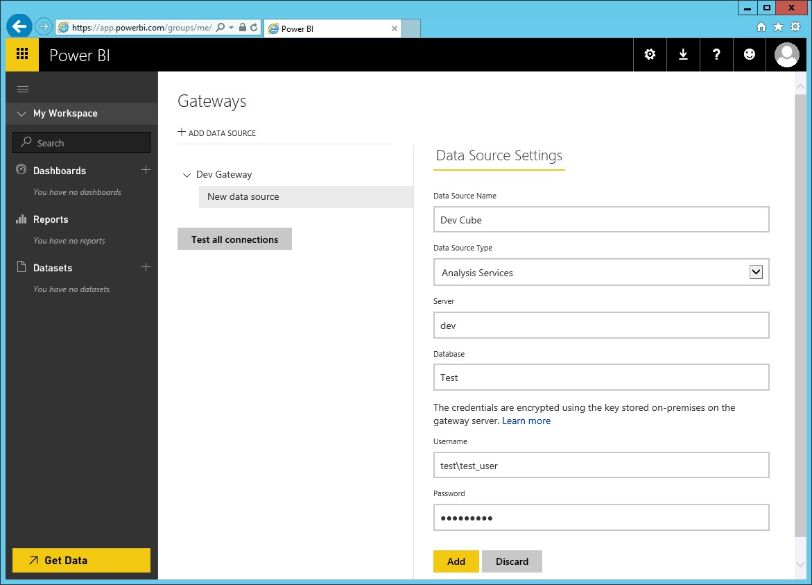 Power BI data source settings