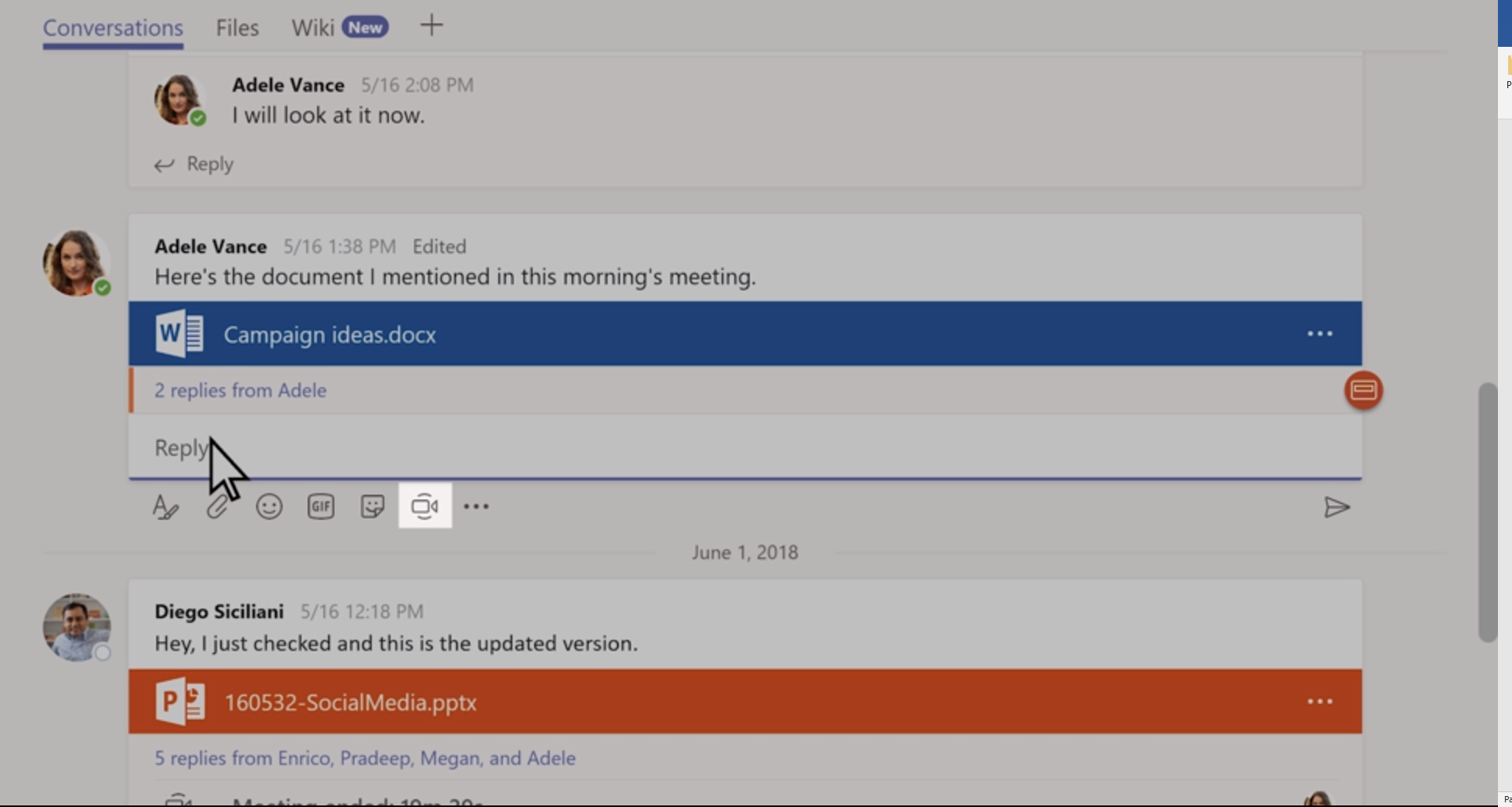Screenshot of Microsoft Teams showing the Meet Now video icon