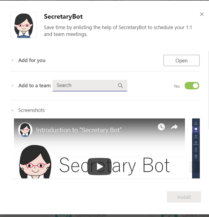 Screenshot showing SecretaryBot's capability to schedule meetings within Microsoft Teams