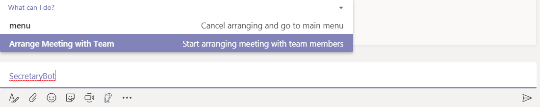 Microsoft Teams example of how to schedule a meeting with a bot