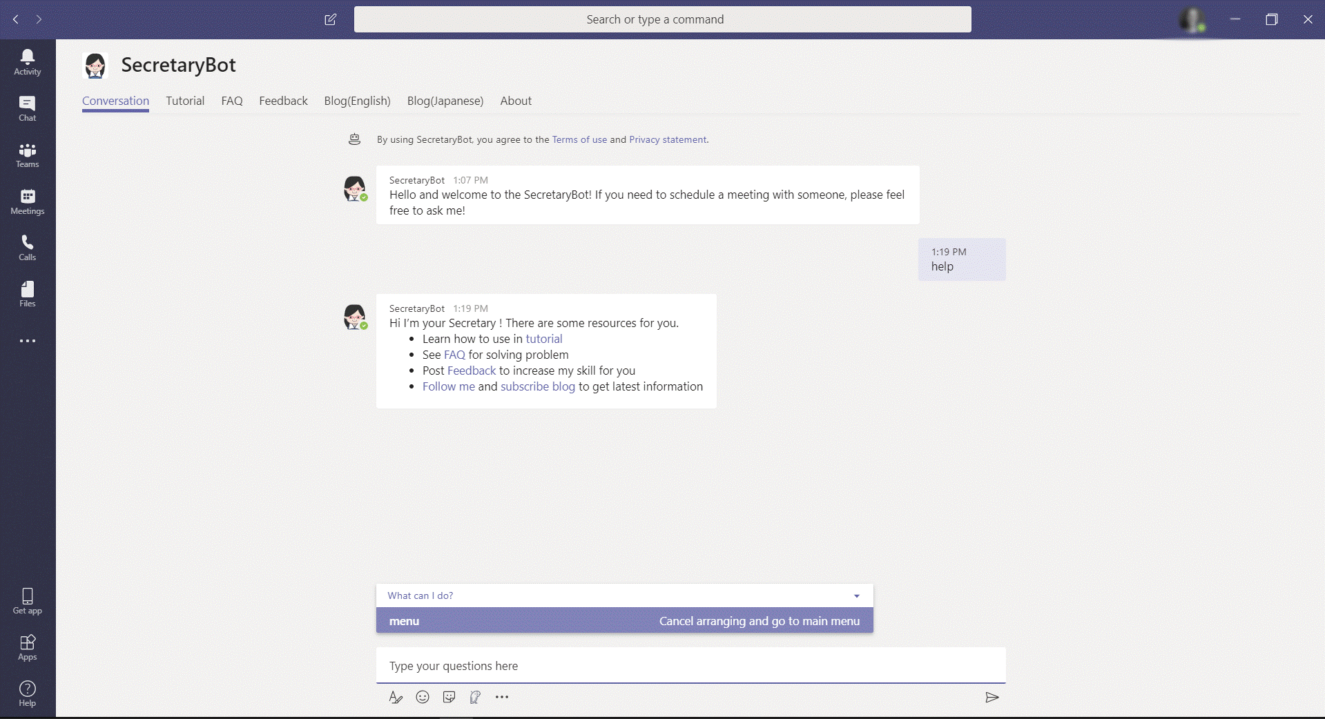 Screenshot showing SecretaryBot installed for personal use on Microsoft Teams