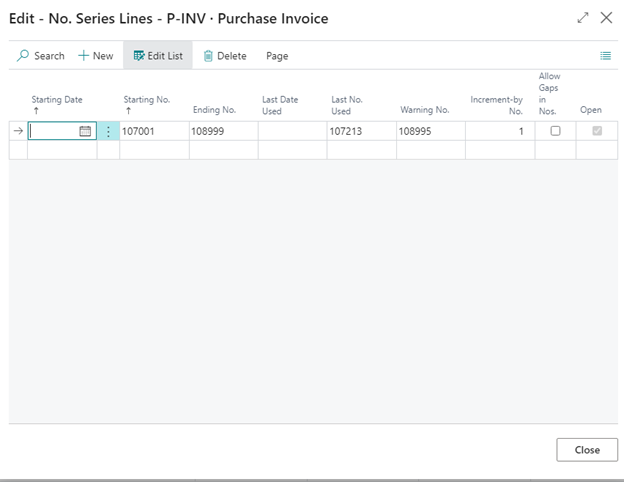 Business Central screenshot showing how to "Allow gaps in Nos"
