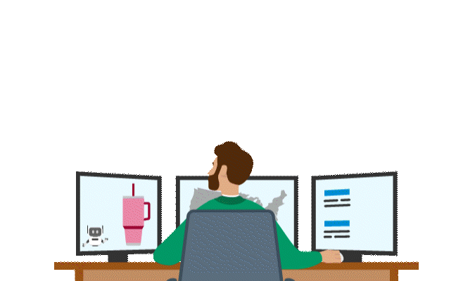GIF illustration of a man at his desk looking at computer screens..