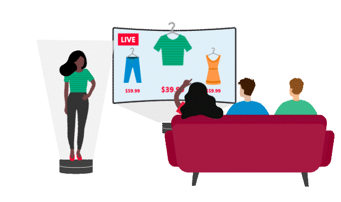 GIF of three people sitting on a couch scrolling through a screen with shopping options