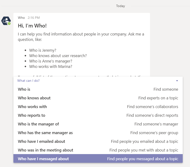 Screenshot of "Who" within Microsoft Teams
