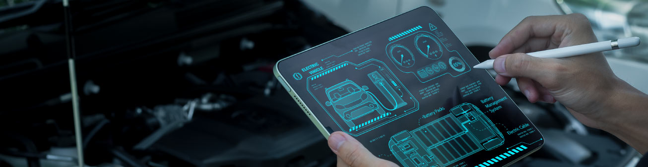 Image of an electric vehicle on a tablet. 