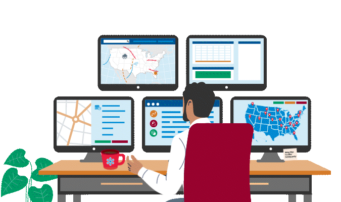 GIF illustration of a person working from desk with computers.