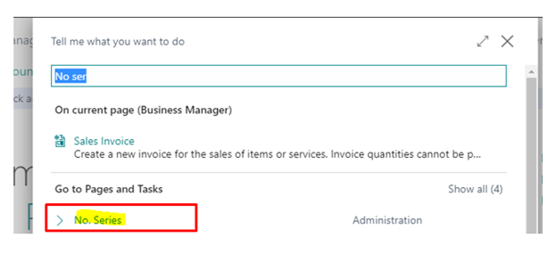 Business Central screenshot of searching for "no series"