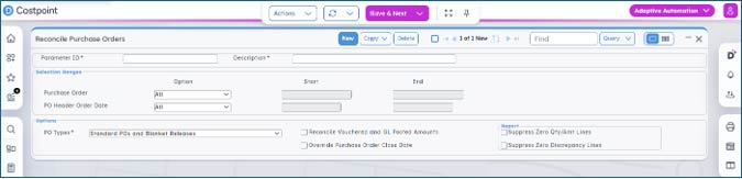 Screenshot of Costpoint reconciling purchase orders