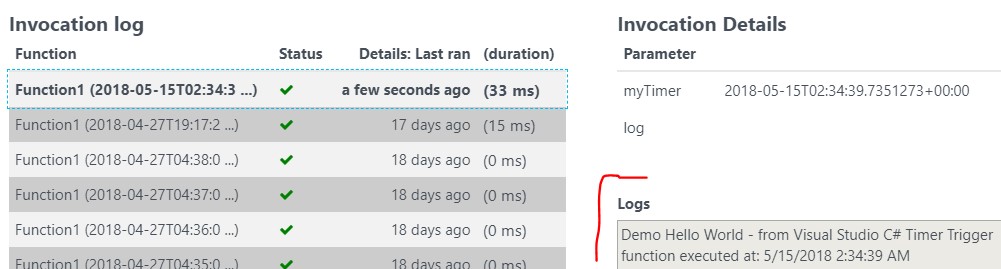 Screenshot of Azure invocation log