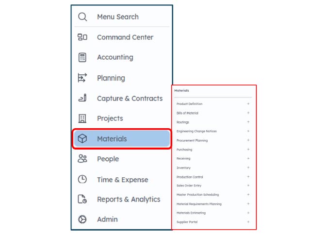 Screenshot of Costpoint Projects menu