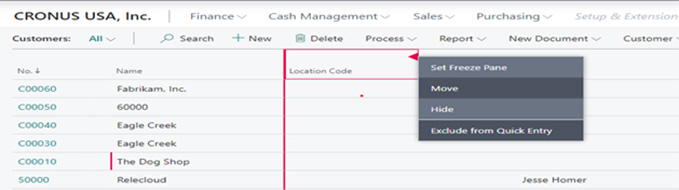 Screenshot showing how to hide a column in Dynamics 365 Business Central