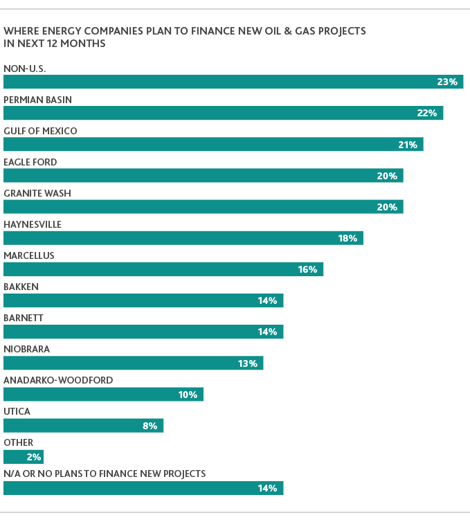 Chart depicting where energy companies plan to finance new oil and gas projects in next 12 months.