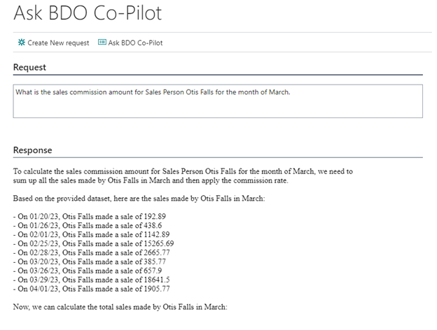 Screenshot of Ask BDO Co-Pilot for Question: What is the sales commission amount for salesperson Otis Falls for the month of March?