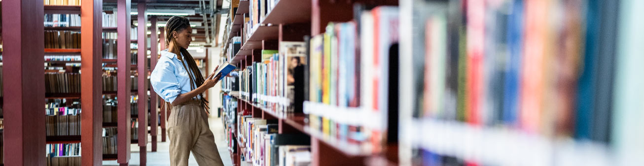 A woman in a library.