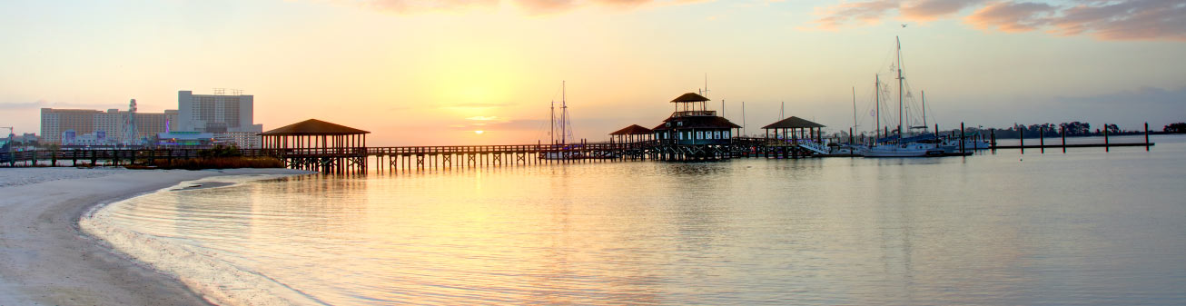 Sunset over sea with bridge, ships, and houses