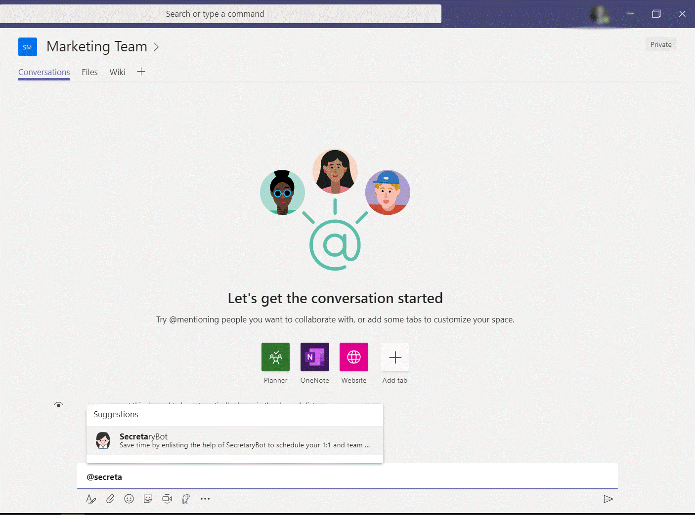 Screenshot of Teams Conversation mentioning SecretaryBot