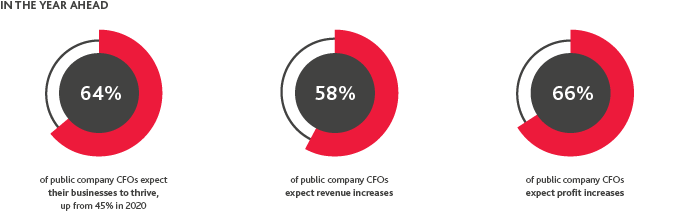 64%25 of public company CFOs expect their businesses to thrive, 58%25 of public company CFOs expect revenue increases, 66%25 of public company CFOs expect profit increases