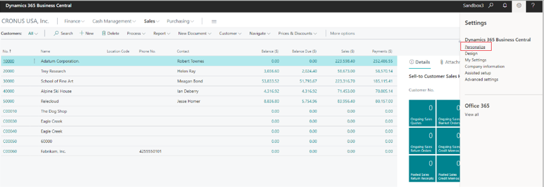 Dynamics 365 Business Central screenshot of Settings > Personalize