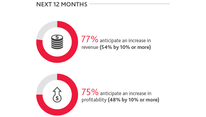 Through the next 12 months, 77%25 anticipate an increase in revenue (54%25 by 10%25 ore more) and 75%25 anticipate an increase in profitability (48%25 by 10%25 or more)