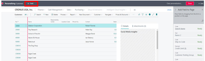 Dynamics 365 Business Central screenshot of + Field action > Add Field to Page