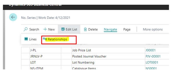 Business Central screenshot showing relationships between number series