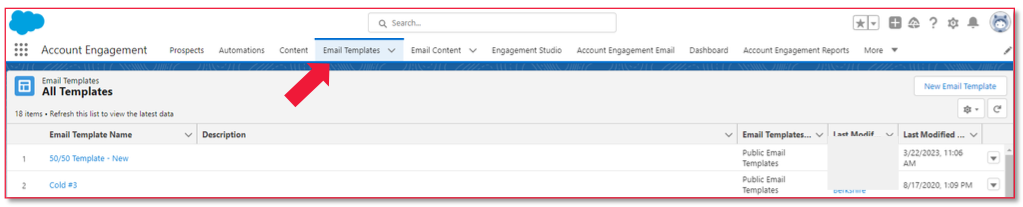 Email templates tab in top navigation of Lightening app
