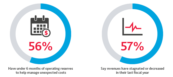 Graphic of the top priorities in 2020: 56%25 have under 6 months of operating reserves to help manage unexpected costs and 57%25 say revenues have stagnated or decreased in their last fiscal year