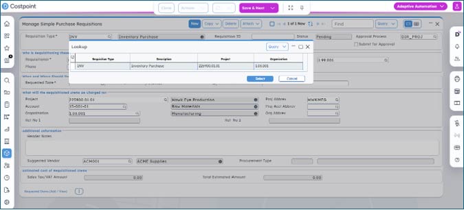 Screenshot of Costpoint simple purchase requisition