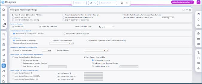 Screenshot of Costpoint configure receiving settings