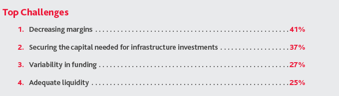 Graphic of the Top Challenges for 2020: Decreasing margins, securing the capital needed for infrastructure, variability in funding and adequate liquidity