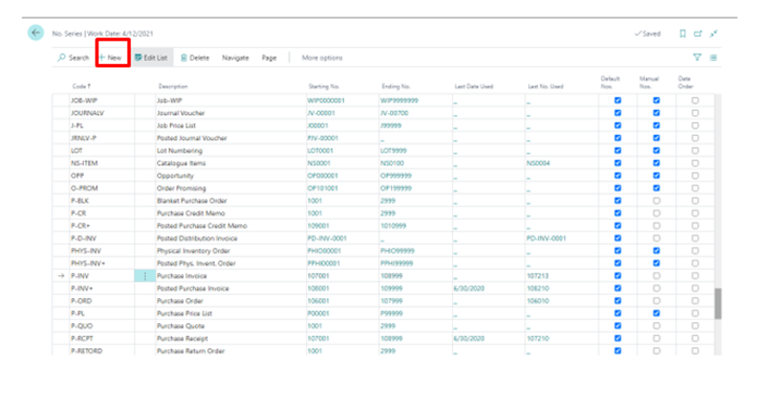 Business Central screenshot showing how to create a new number series