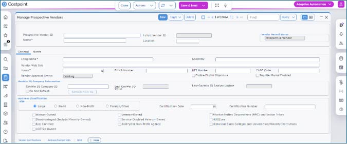 Screenshot of Costpoint manage prospective vendors