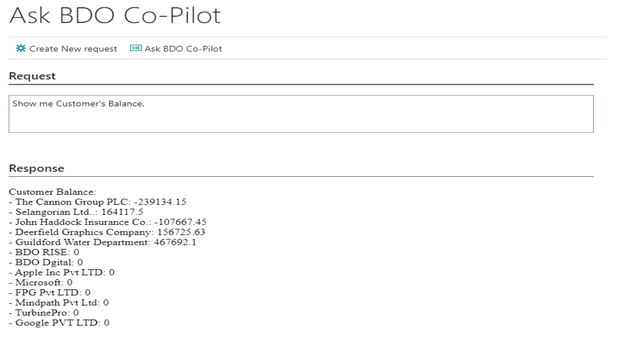 Screenshot of Ask BDO Co-Pilot for Question: Show me Customer's Balance