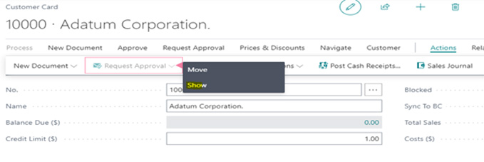 Screenshot showing how to show an element in Dynamics 365 Business Central