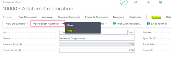 Screenshot showing how to hide an element in Dynamics 365 Business Central