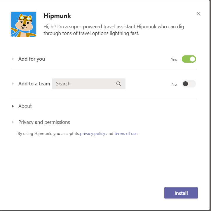 Screenshot showing capabilities of Hipmunk in Microsoft Teams