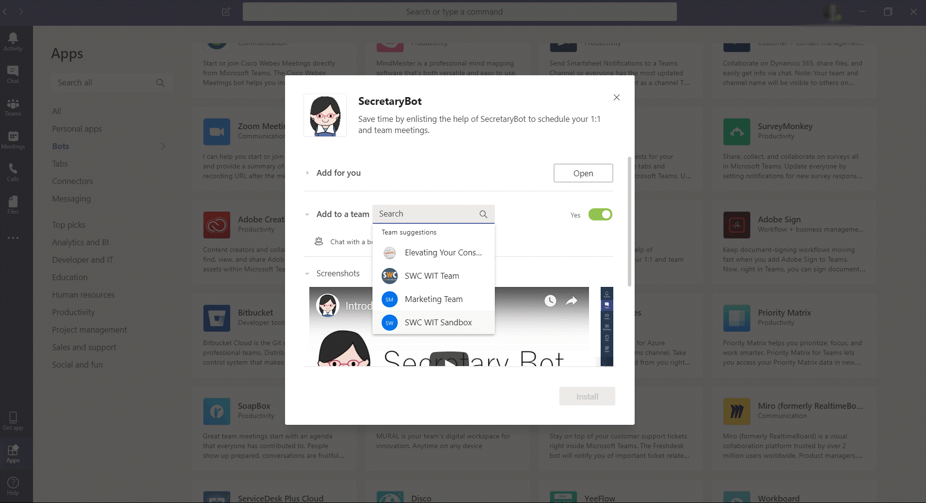 Screenshot of SecretaryBot showing how to add to a team