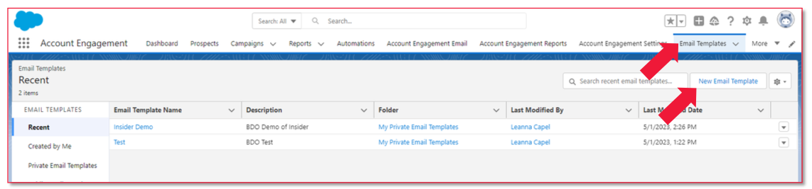 New Email Template button in Lightening app