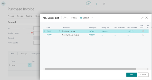Business Central screenshot showing a relationship number series example
